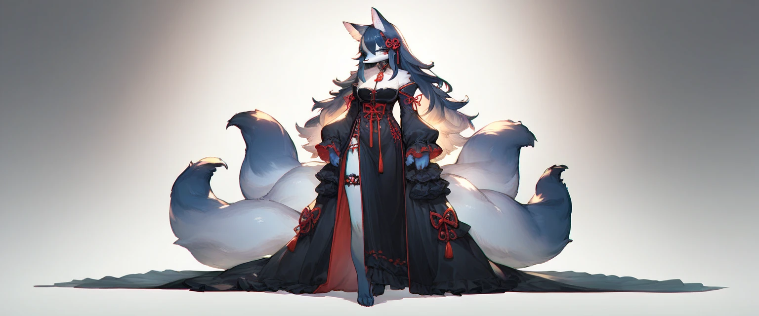 high resolution, kitsune, fox girl, anime, busty, silver white hair and fur, silver fox ears, silver fox tails, mage, spell caster, fantasy mage clothing, full body, , character reference sheet, solo, long hair, sfw, vtuber, beautiful, white background, open eyes, standing, tall,