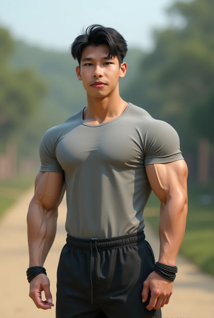 (Ultra realistic, intricate details, photorealistic, 8K HD, dim lightings), Detailed realistic, a handsome vietnamese muscular young boy, powerful and intimidating, bodybuilder, godly presence, young god|tarzan, teenager face, beautiful, smooth dark brown hair, detailed eyes, smirking, confident, huge muscles, wearing tight black leather gym tank top,wearing black spandex gym leggings, perfect hands, (realistic skin, tanned skin), puffy nipples, outdoors, dark magical forest, fireflies