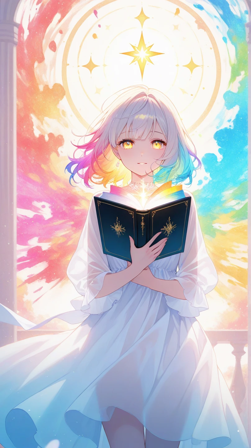 ink, colorful, an angelic woman holding a book blessed by light ,  she is wearing a transparent white dress and has golden eyes