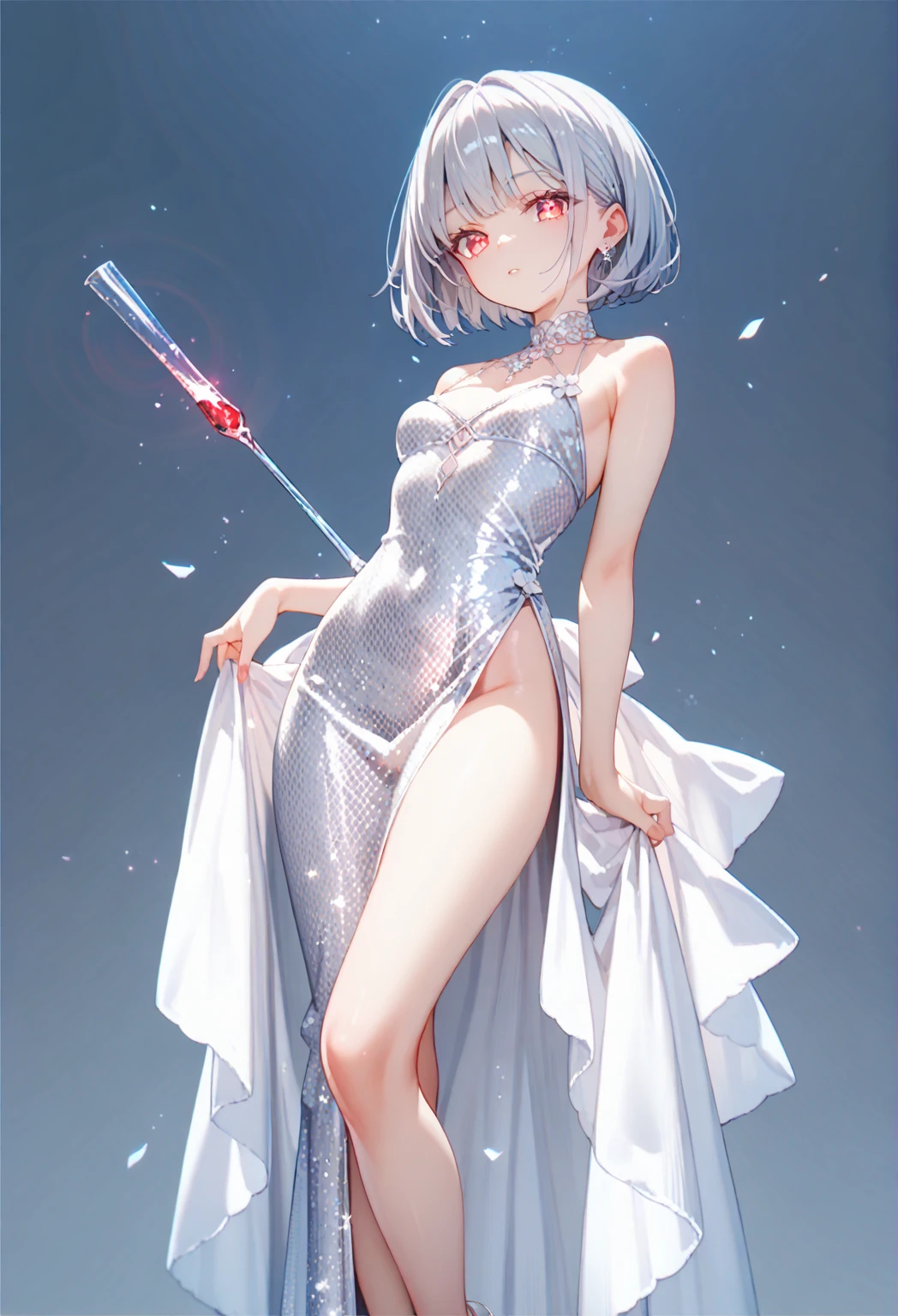 (Masterpiece), (Best Definition Animated Illustration), (Supervision), One Girl, Solo, Silver-haired Beautiful Girl, Anime Loli, Cat Ear Loli, Petite Loli, Pale light blue and white see-through tank top, Short tank top, Lower half of breasts bare, Light blue see-through bloomers, Smile, Cleavage enhancement, Open Stance, Thighs