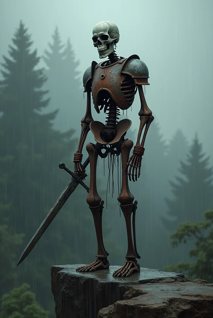 the best quality, very high resolution, detailed 4K CG, work of art, humanoid skeleton, neve, tall trees, blue sky, Norse mythology, Rune Tattoo, beautiful aesthetic, Beautiful picture, centered on screen, traveler clothes, two axes