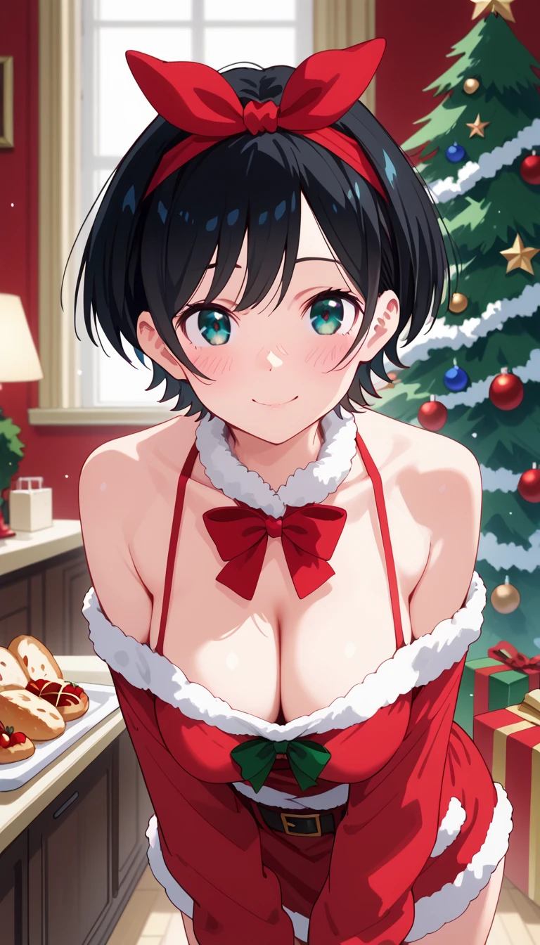 best quality, high resolution, 8k, alone, ((blush:1.5)), (Ruka Sarashina, short hair, bangs, black hair, ribbon, hair ribbon, headband, blue headband, large breasts), happy smile, christmas red bikini, christmas background, christmas dinner, christmas prsent, off shoulder, ((downblouse)), leaning forward, night