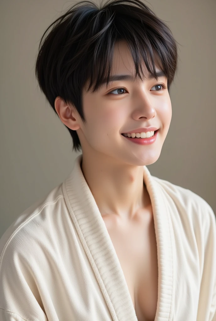 handsome mix korean japanese boy, short black hair, black detailed eyes, gentle smile, sharp eyebrows, round face, cool, detailed face, small nose, in beige bathrobe, facing left side