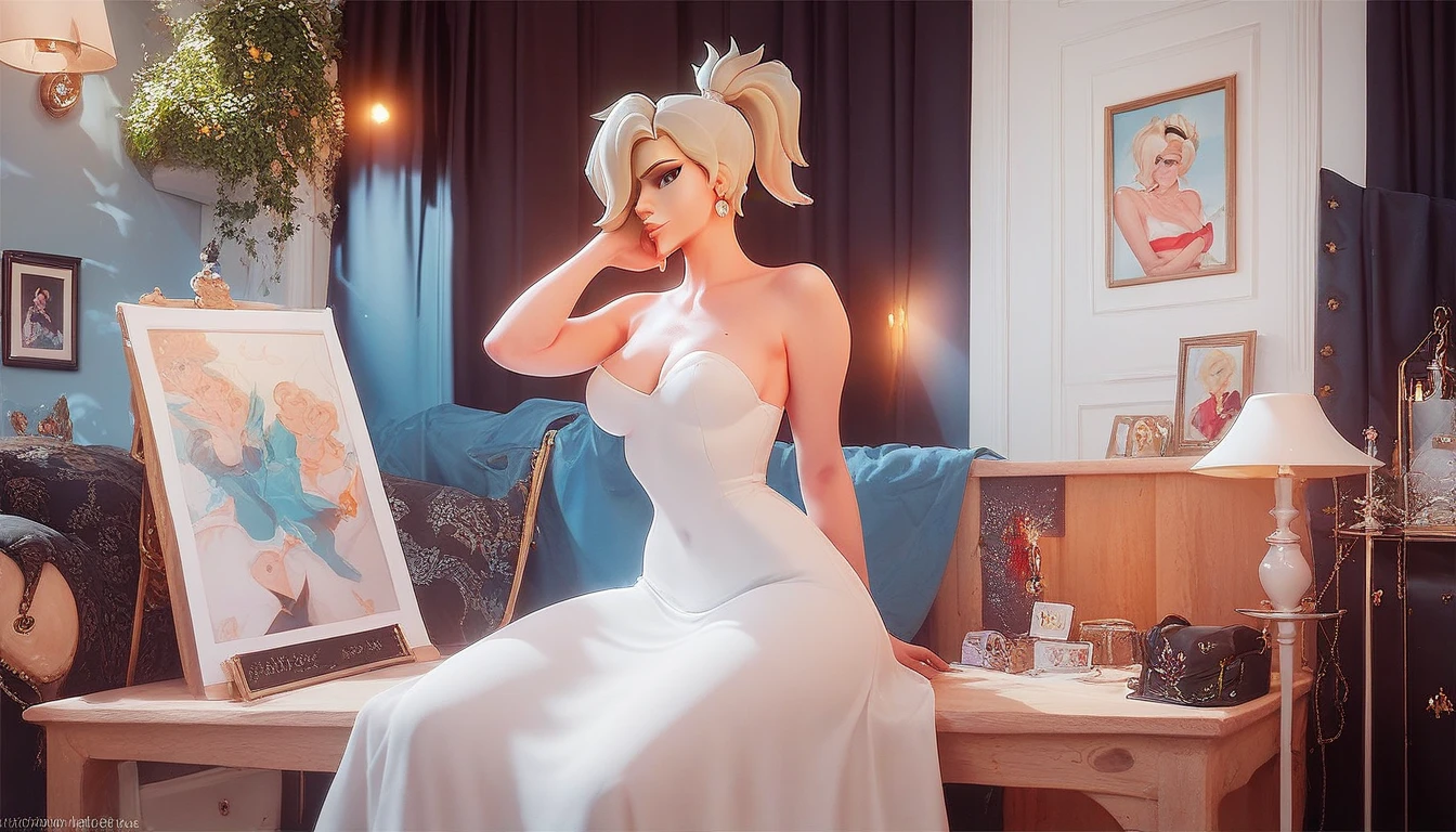 Mercy Overwatch in a white dress, chest covered,  is cancer, high quality photo , background - books, erotic hentai