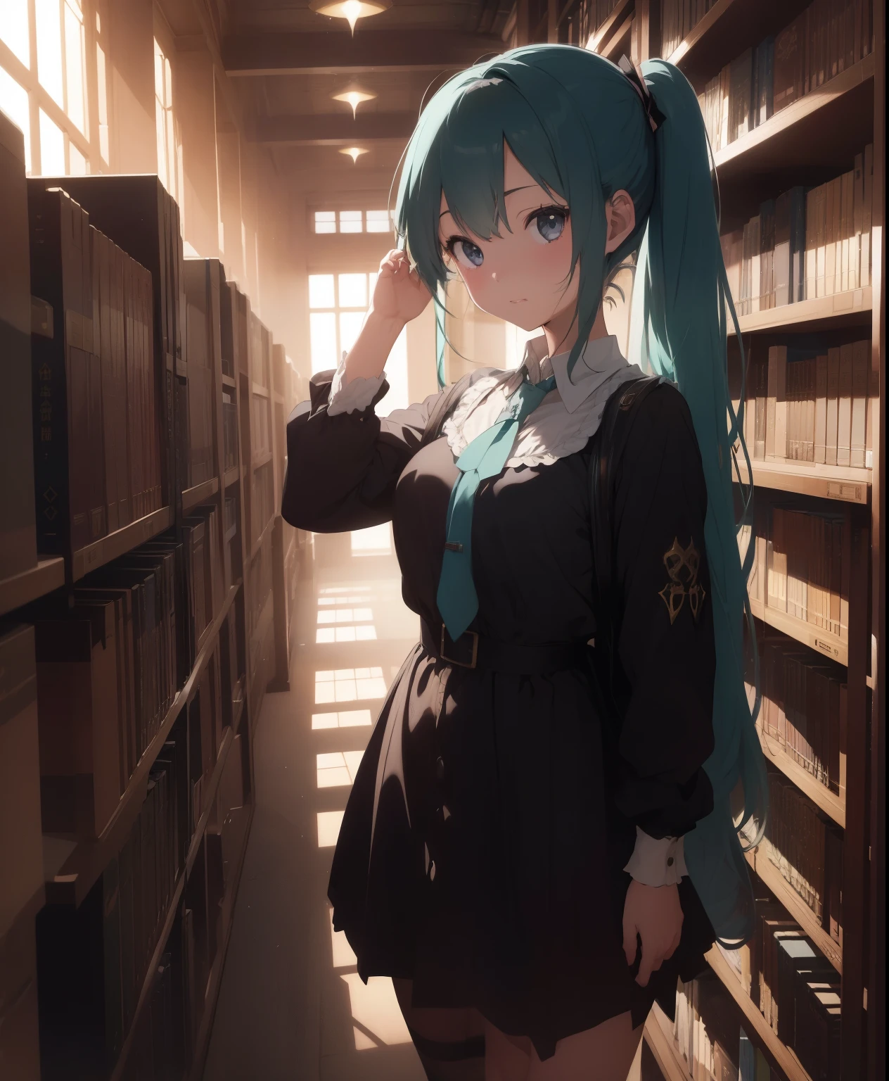 (masterpiece、 top quality、 top quality、 Official Art 、 beautiful and beautiful :1.2)、( One Girl :1.3) Hatsune Miku 、 Twin Tails , Beautiful breasts,  cute girl、本屋の中を歩く Gothic Epic Library concept, Gothic Epic Library, Gothic Library,  Library Rio Ruina Concept Art, Ancient Libraries, Book Cave, Magic Library, The Eternal Library, Dark Library, Dusty Library, Alchemist&#39;s Library Background, Space Library Artwork , Vast library, Castle Library, Dark Library, Infinite Book