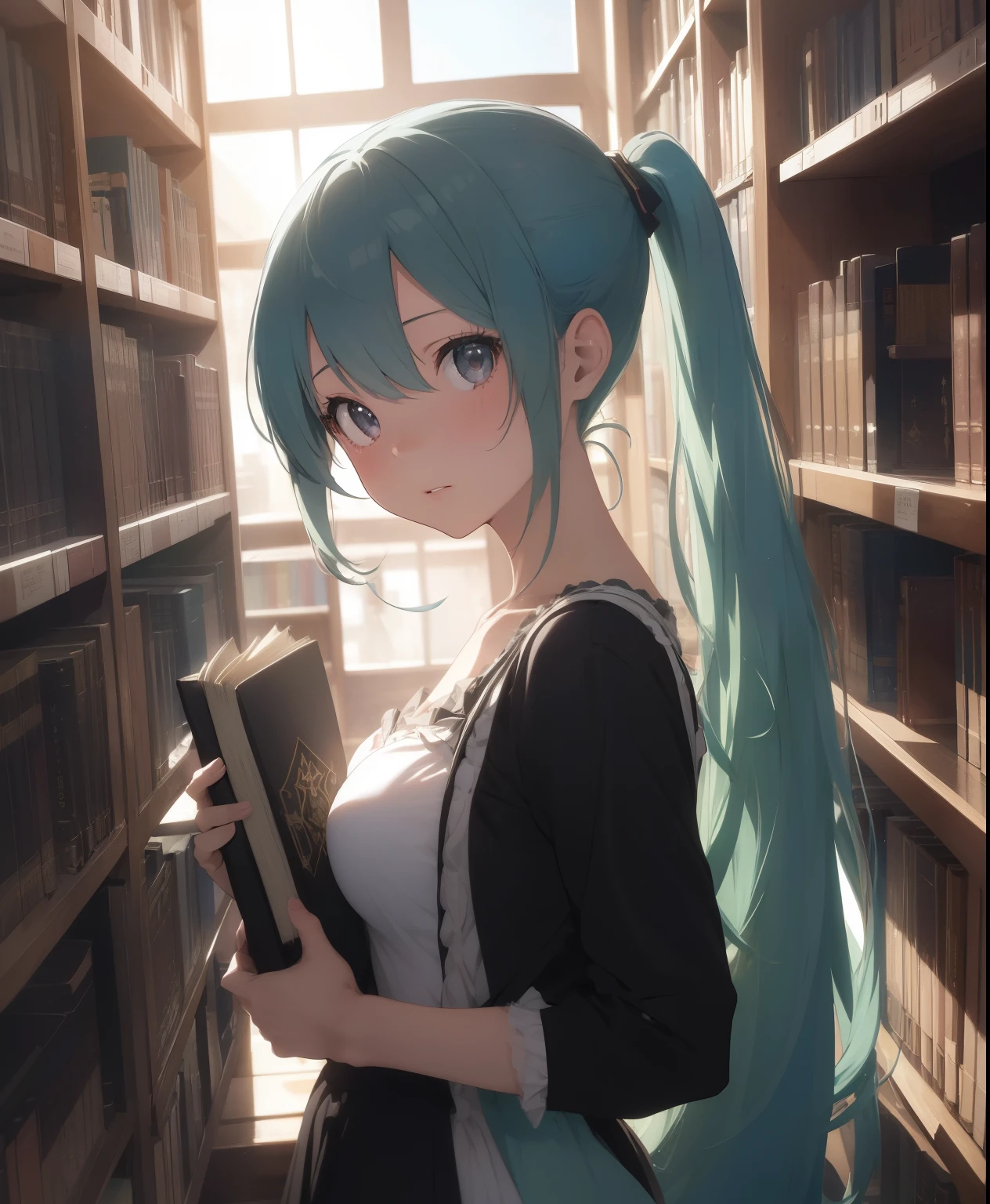 (masterpiece、 top quality、 top quality、 Official Art 、 beautiful and beautiful :1.2)、( One Girl :1.3) Hatsune Miku 、 Twin Tails , Beautiful breasts,  cute girl、本屋の中を歩く Gothic Epic Library concept, Gothic Epic Library, Gothic Library,  Library Rio Ruina Concept Art, Ancient Libraries, Book Cave, Magic Library, The Eternal Library, Dark Library, Dusty Library, Alchemist&#39;s Library Background, Space Library Artwork , Vast library, Castle Library, Dark Library, Infinite Book