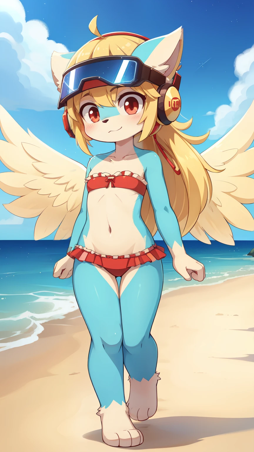 Furry girl, dog, wavy bangs, large long wavy ponytail, blonde hair, stars hairpin, red eyes, small breasts, detailed body fur, ((dark blue strapless fringed bandeau bikini, dark blue fringed mini swim skirt)), multicolored feathered wings, masterpiece, looking at you, two tone body fur, turquoise body fur, clear turquoise body fur, detailed face, big eyebrows, detailed eyes, detailed body, detailed hands, glistering body, shiny body, skinny, :3, floppy dog ears, beach, clear sky, full body, feets with three toes, 3 toes, v sign, sit on beach chair, low angle,