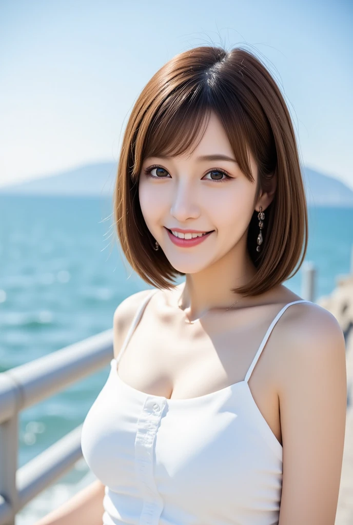 12Ｋ、ＨＤＲ、  Japanese 、 bit depth 10 bits  、(((Full body photo)))、  see-through white dress、( At the Summer Sea ),  (  realistic ) ,   (photo realistic  :1.4), masterpiece,      Very Delicate and Beautiful  ,    very detailed bust,     smile  ((  hair is shaking a lot in the wind))、( light brown hair  )、Women who exude adult sex appeal  、((Blue sea in the background))  、((horizontal line)) 、 クリアホワイトスキン  、   happy face、((( white teeth visible)))、