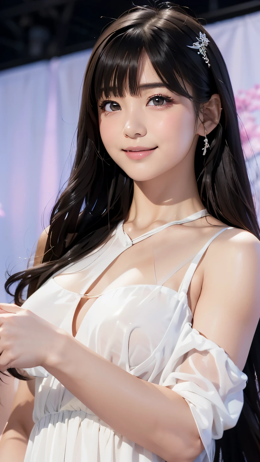 high quality、Realistic and photo-like、 beautiful girl、Costumes worn by Japanese idols、see-through white dress、The lines of the body are clearly visible、Be in the spotlight on stage、Black hair smiling shyly、have bangs、Fair skin、thin eyebrows、long hair、big breasts、A presence that is out of this world、