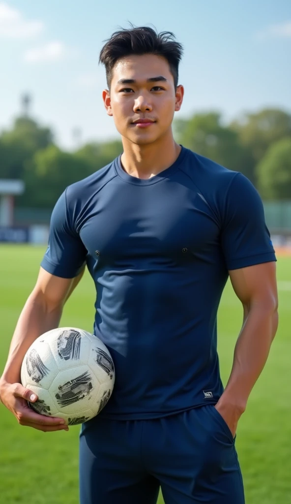 Tony Labrusca, (As a matter of fact, Masterpiece, 8k HD, good light quality, sportswear, fit the face, complicated details), A handsome, muscular young Korean man. , 20 years old, be happy, smile brightly, detailed face, delicate eyes, มองดูsky, Wear a tight blue t-shirt., period, black eyes, Black hair color, ผมsmooth, smooth, outdoor sports, Along the garden, Sunny,sky,Surreal,Superb details,Highest quality,real,
