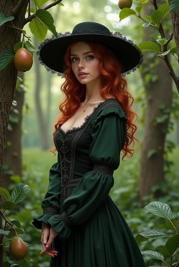 Red-haired snake woman,with a flowing dress and feathered hat and bag ,in red color,green and black,background with pine trees
