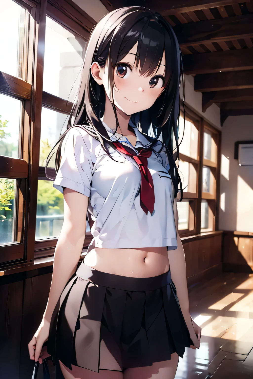 (extremely high quality artwork), (extremely detailed CG 8k), (masterpiece) ,(extremely cute girl), short, (innocent face), ((innocent smile)), shiny hair, (slim body), small breasts, ((beautiful detailed eyes)), brown eyes, (clear eyes), (eyes with brightness), correct finger shape, correct number of fingers, look at viewer, (school uniform), (short skirt), (sagging skirt), midriff peek, navel-baring, (thighs), beautiful skin, pale skin, shiny skin, (bright color), vibrant colors, uninhabited forest, natural light, (glare),