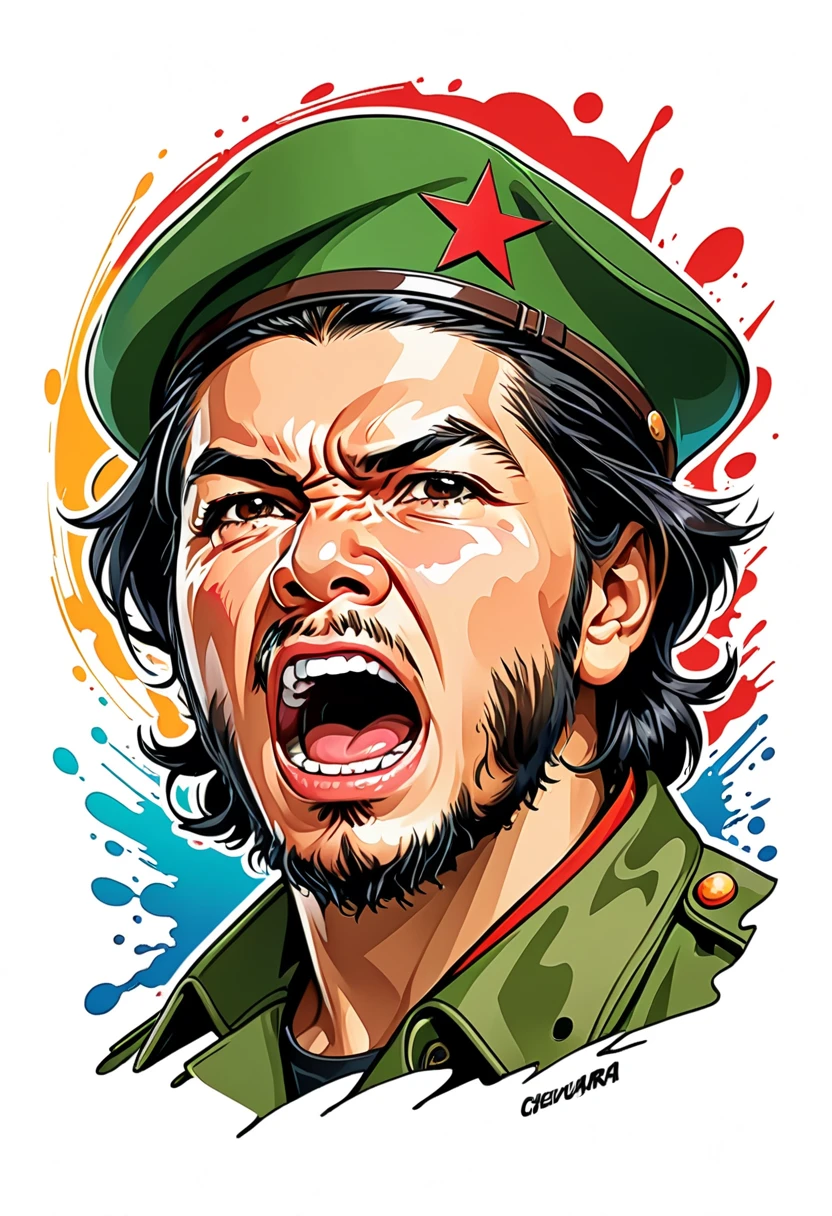 circle shaped sticker, Vector Art, splash art, 40 years old revolutionary Che Guevara, angry shouting fuirous, military outfit wearinf green beret，Color illustrations, In the center, Vibrant colors, High Detail, white background
