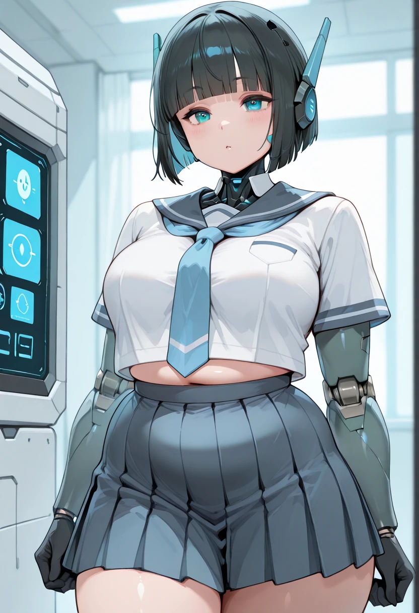 masterpiece, Best Quality, Extremely detailed, 8K portrait,Japaese android girl,Plump , control panels,Robot arms and legs, Blunt bangs,perfect robot girl,a bit chubby,school uniform,chest monitor,Charging spot,She is exhibits,exibition hall