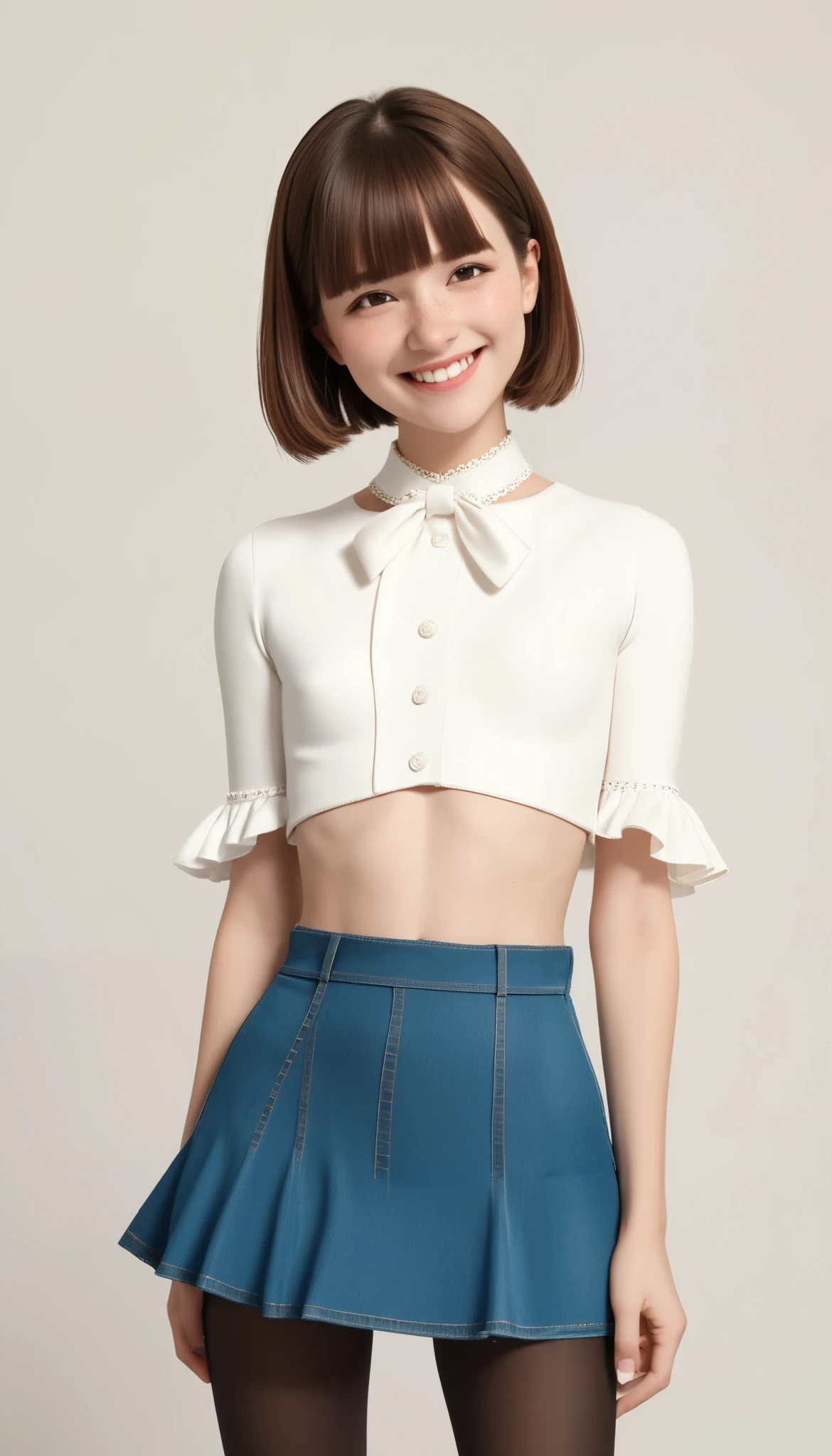 4K, masterpiece, 8k,  High Quality , 最 High Quality ,cute少等生,  very white skin , Long brown hair，a bit， the length is short，blunt bangs，( small breasts) ， feminine, Freckles, ,  elegant ,  elegant , cute, smile, Small Nose, Cheerful, belly button,  Denim Low Rise Mini Skirt, (( black pantyhose )), (Disgraceful Clothes )、(( gray background ))