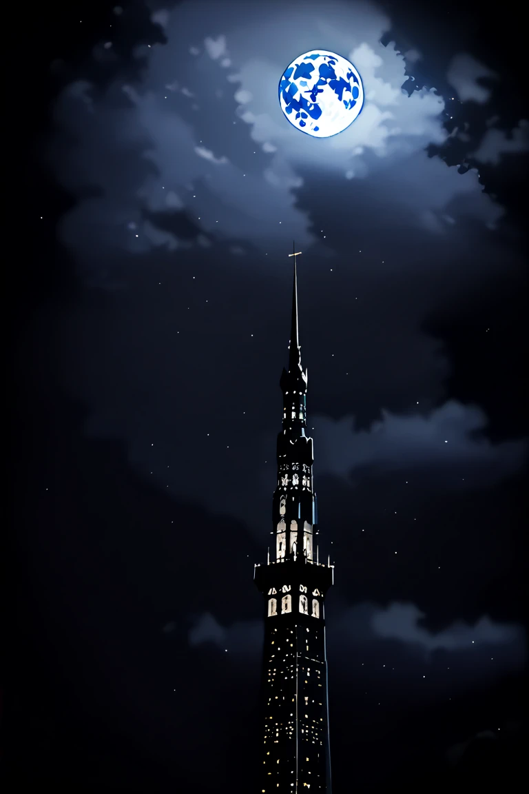 The huge black tower stands high enough to reach the sky with the night and moon in the background