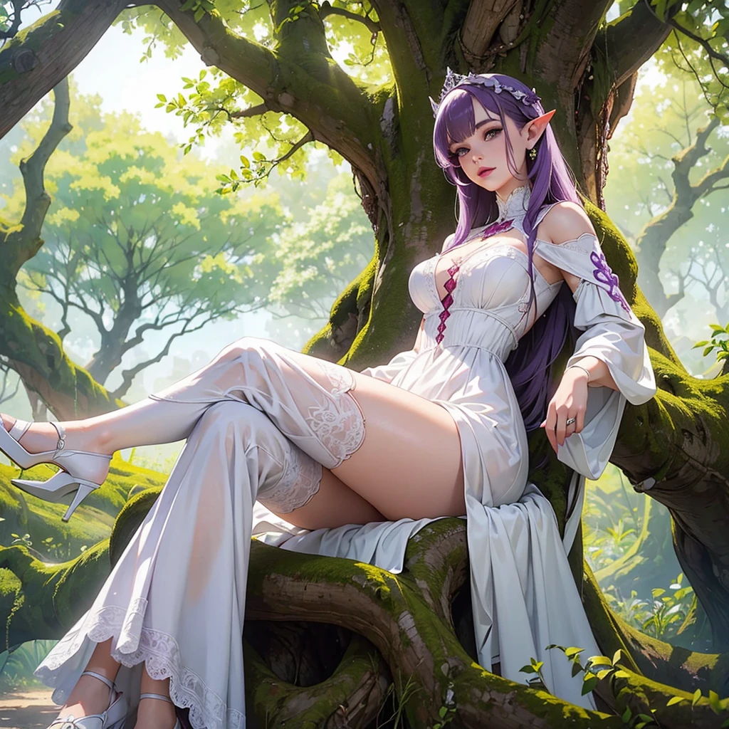 Zerg Queen, a beautiful girl named Lanlinger, 18 years old, with big , depicted in an oil painting style. She has messy dark purple hair, a perfect face with soft skin, and light violet and red hues added. Lanlinger is wearing a red dress and is running towards the viewer with a worried expression on her cute face. She is seen from a distance in a mysterious magical forest. The image should have complex details and be in 8k resolution, capturing the essence of a masterpiece.