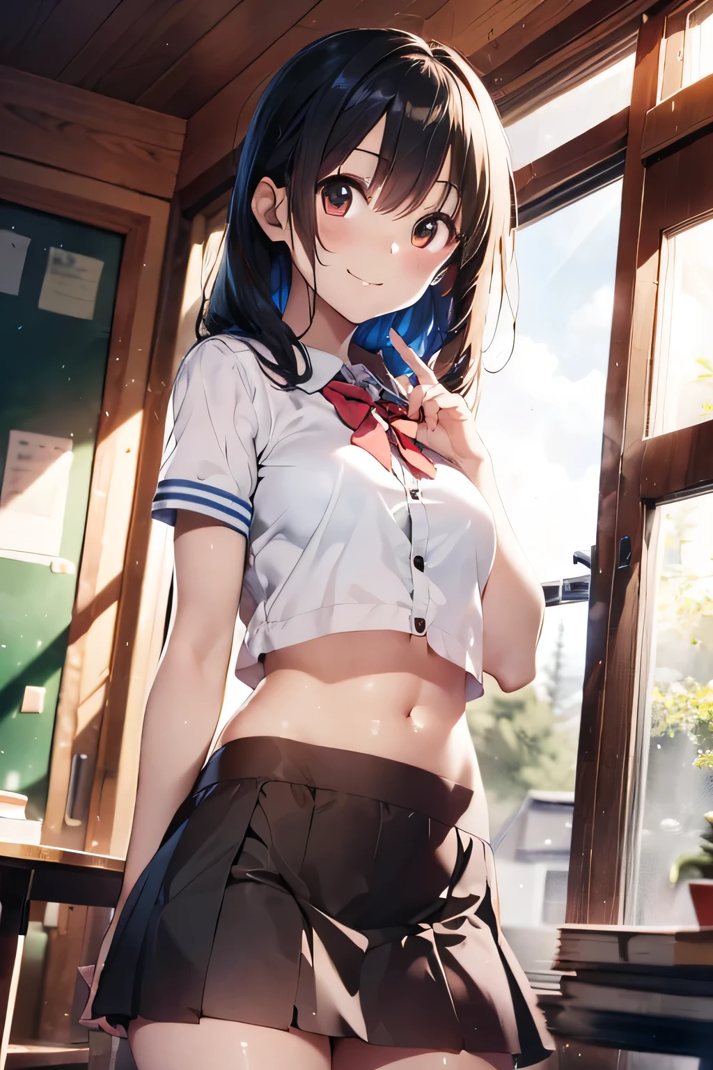 (extremely high quality artwork), (extremely detailed CG 8k), (masterpiece) ,(extremely cute girl), short, (innocent face), ((innocent smile)), shiny hair, (slim body), small breasts, ((beautiful detailed eyes)), brown eyes, (clear eyes), (eyes with brightness), correct finger shape, correct number of fingers, look at viewer, (school uniform), (short skirt), (sagging skirt), midriff peek, navel-baring, (thighs), beautiful skin, pale skin, shiny skin, (bright color), vibrant colors, uninhabited forest, natural light, (glare),