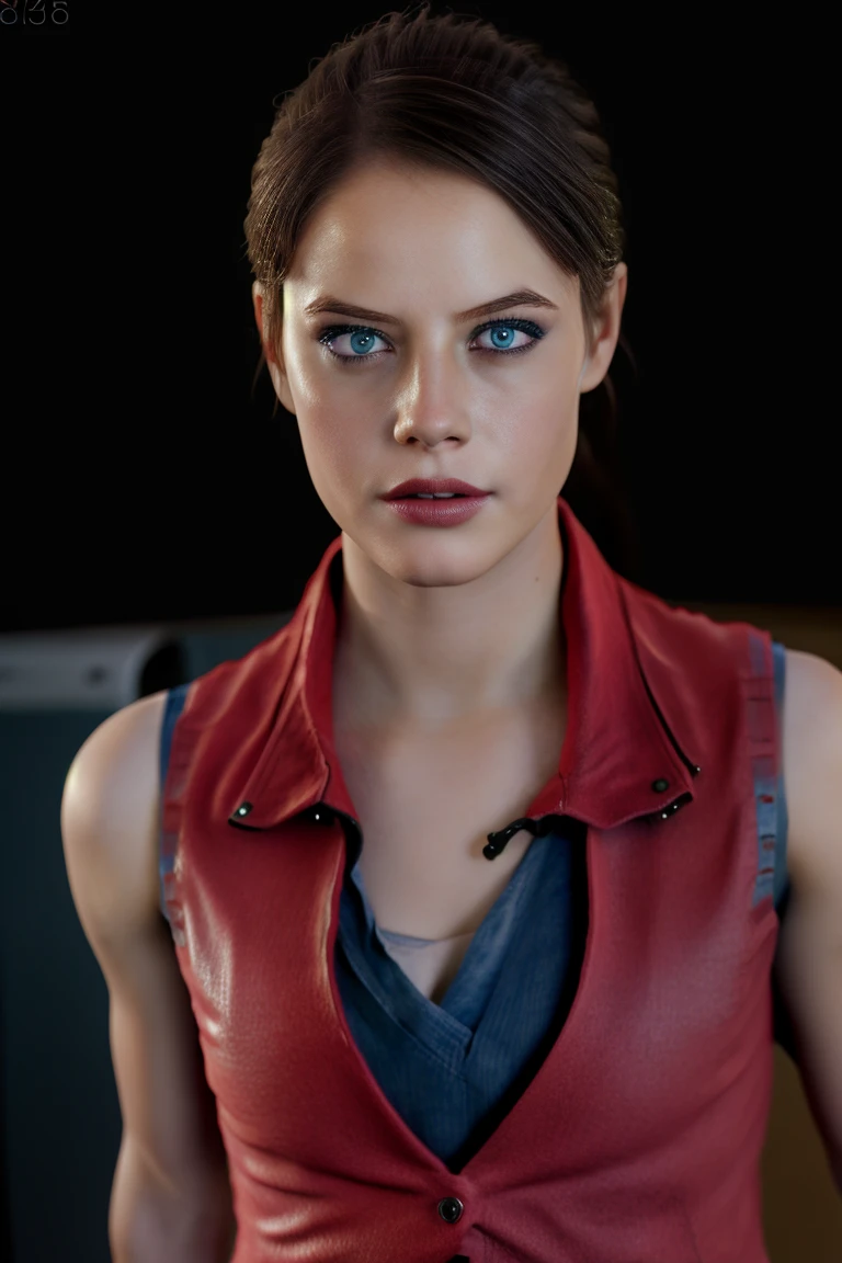 1girl, (realistic),(hyperrealism),(best quality),(masterpiece),(ultra high res),(photorealistic),idol,eye makeup,detailed eyes,detailed face,black dress, posing for a photo, black background, claireredfield2, brown hair, black short-sleeved, short-legged skinsuit, (denim shorts:1.2), ((red vest:1.4)), indoors,