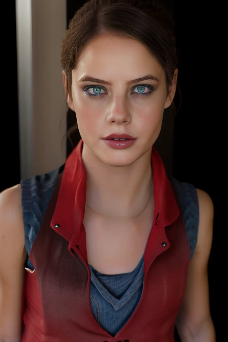 1girl, (realistic),(hyperrealism),(best quality),(masterpiece),(ultra high res),(photorealistic),idol,eye makeup,detailed eyes,detailed face,black dress, posing for a photo, black background, claireredfield2, brown hair, black short-sleeved, short-legged skinsuit, (denim shorts:1.2), ((red vest:1.4)), indoors,