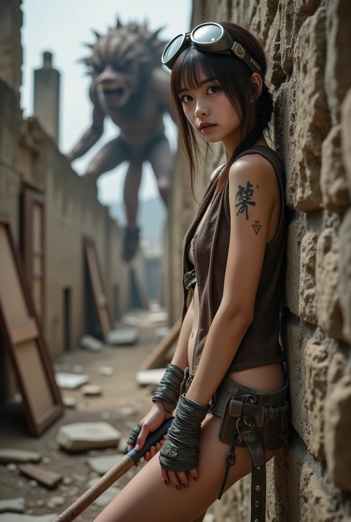 ((( Low angle shooting、full length portrait , Biologically correct images , sleepy eyed , looking up at the camera   :1.22 ,   lean against ruined wall  ,naked except for leather loin cloth and wrist guards , open short leather vest , breasts bound in a dirty bandage , steampunk goggles on head , Chinese character for love tattoo on right pelvis , scrapes and dirt on her skin, holding baseball bat with nails weapon ,barefoot , skinny , a huge post apocalyptic monster is looming behind her, )))