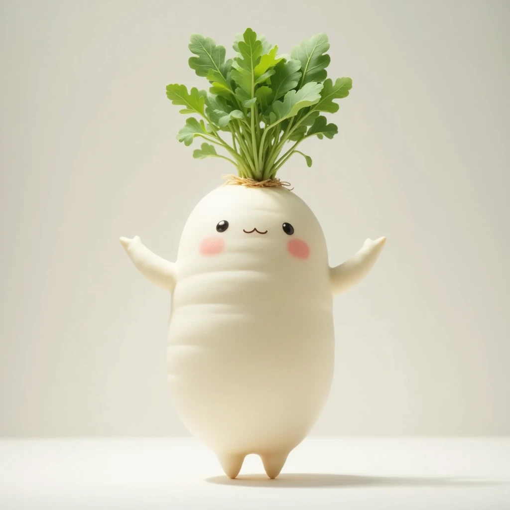 (masterpiece, top quality, very detailed depiction, Incredible Hi-Res,Photographic images),Xiaolongbao in the shape of a white radish, looks delicious, steam , Green Leaves ,It looks warm