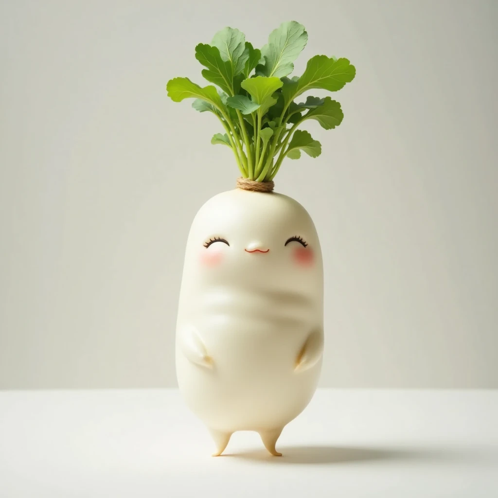 (masterpiece, top quality, very detailed depiction, Incredible Hi-Res,Photographic images),Xiaolongbao in the shape of a white radish, looks delicious, steam , Green Leaves ,It looks warm