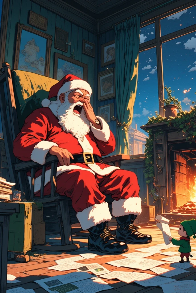 a manga illustration image of a giant Santa Claus wearing a small glasses, trying to cover his mouth while yawning on his rocking chair. It is inside his cozy house at night, Santa is sitting beside a fireplace. A cute chibi elf is reporting to Santa Claus, holding a very long scroll in his hands that flows across the floor like a wave. The camera is shot in a low angle to capture the size difference between a tiny elf and the gigantic Santa Claus.