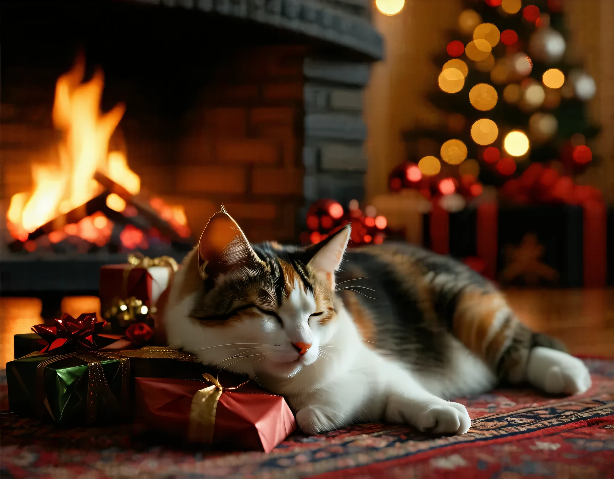 (8k, top quality, Masterpiece , Final Fantasy Style: 1.2),Atmospheric perspective, 8K, Very detailed, A living room decorated for Christmas, our calico cat sleeping peacefully in front of a large fireplace, a warm atmosphere, peace,