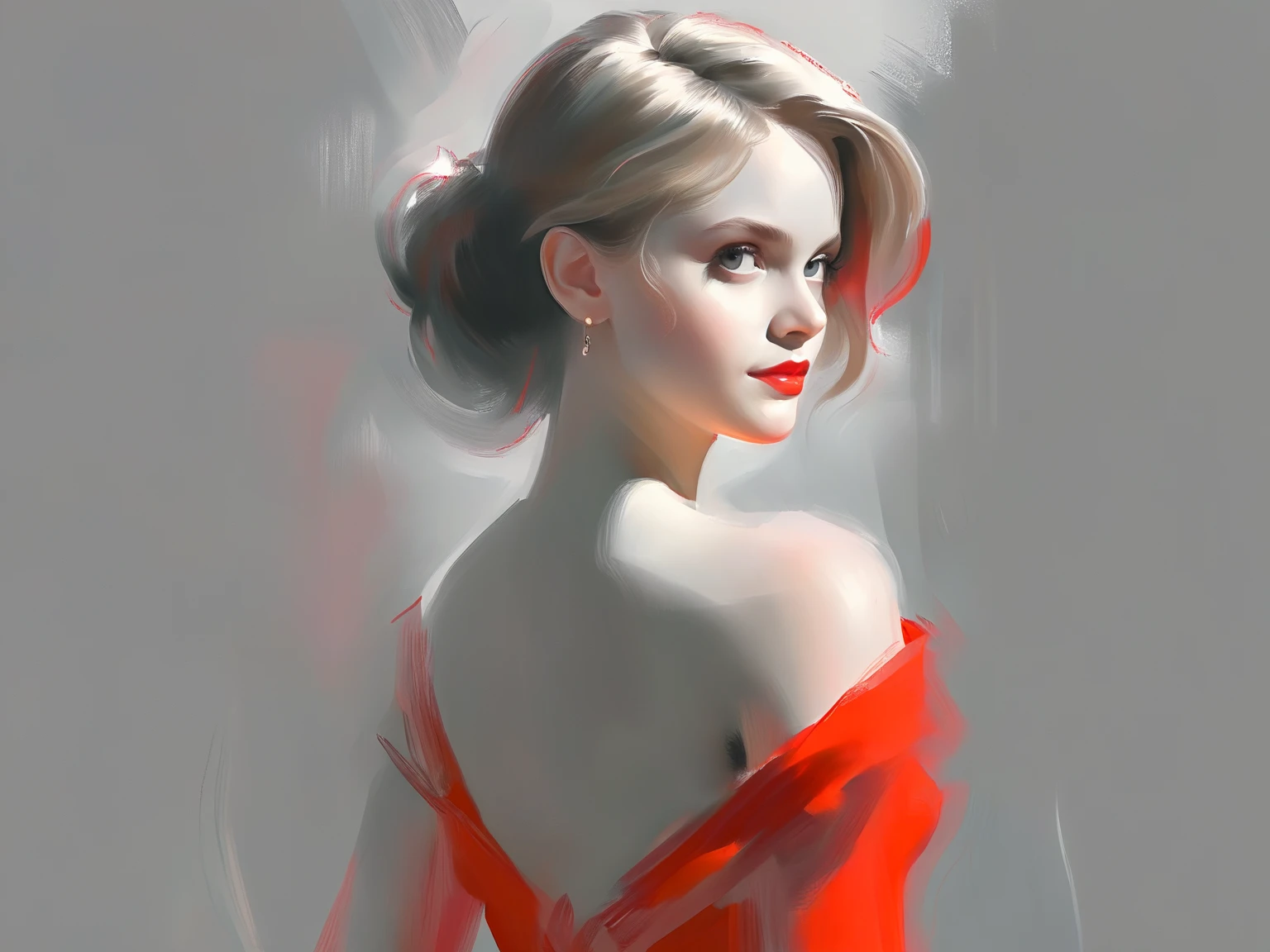 Pencil Sketch Drawing, line art drawing, a elegant beautiful young woman, combination of Erin Moriarty:0.9, joey king:0.7, Rachael Taylor:1.2, wearing tango dress, (her silhouette outlined with glowing red). (style of Vladimir Volegov:1.1). (her silhouette contoured with glowing red). red white on grey color palette. professional, sleek, modern, minimalist, graphic, line art, vector graphics, black and white drawing, graphite drawing, painting in the style of Anders Zorn, Alexi Brilo, Luisa Royo