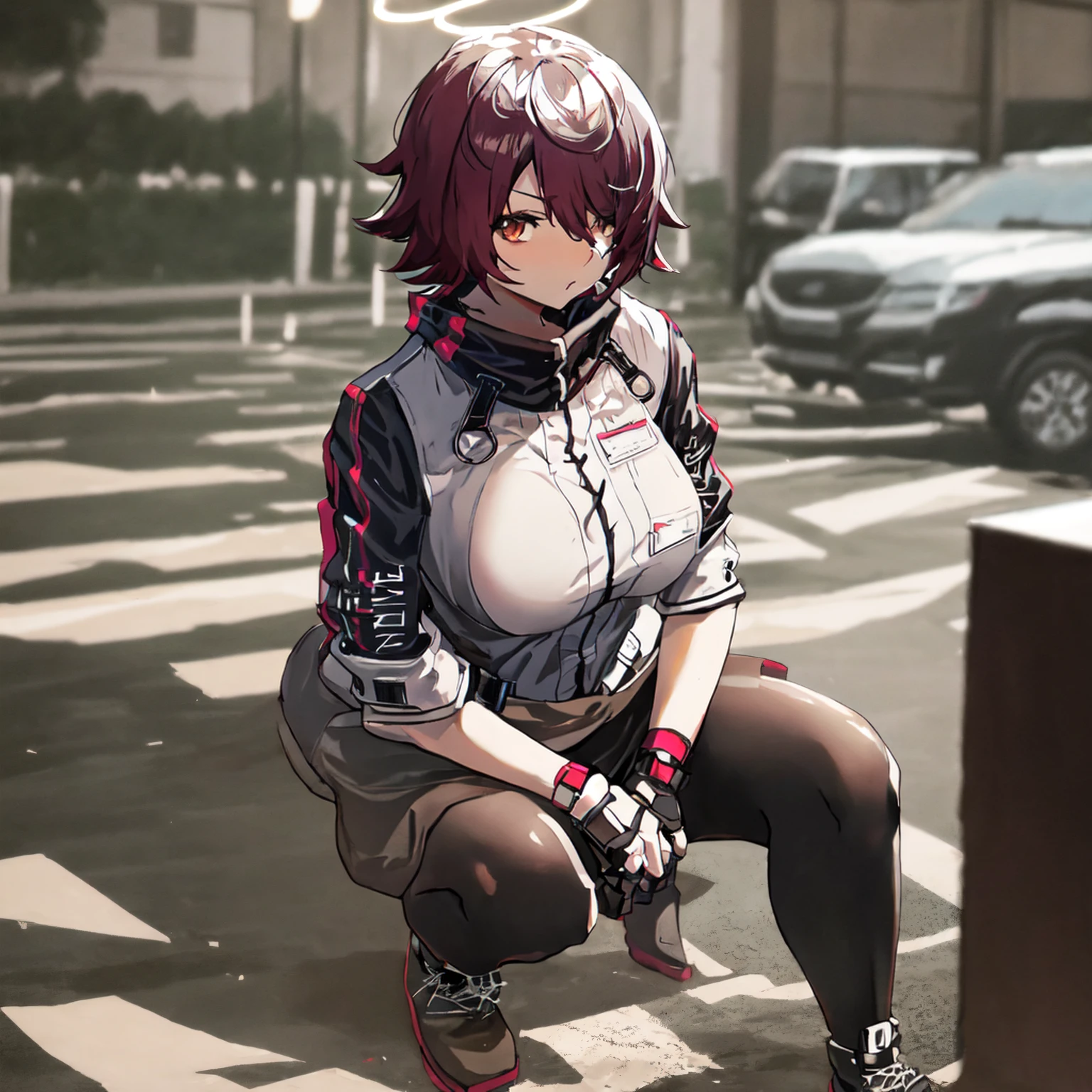 1girl, weapon, solo, exusiai_(arknights), halo, gun, submachine_gun, holding_weapon, short_hair, pantyhose, holding, fingerless_gloves, looking_at_viewer, jacket, white_jacket, gloves, holding_gun, red_hair, wings, black_pantyhose, black_gloves, black_footwear, skirt, parted_lips, hair_between_eyes, outdoors, full_body, squatting, black_skirt, bangs, night, breasts, lamppost, short_sleeves, red_eyes, shoes, detached_wings, miniskirtThe image shows a character made in anime style. He has short brown hair and a halo above his head. The character is dressed in a uniform with the inscription "ANGEL" on the sleeve, squatting and holding an automatic weapon. In the background, a corridor or garage is visible, illuminated by lamps. Paper airplanes are flying around the character.