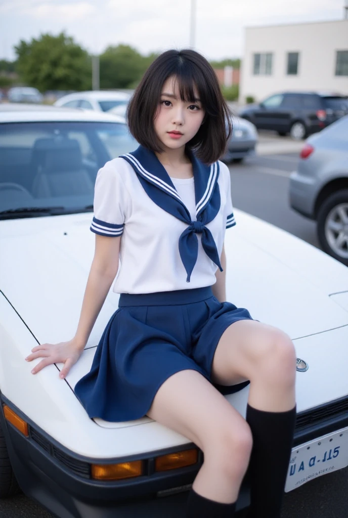 A young woman in a school uniform posing next to a white car Toyota AE86. She sitting on the hood of a car. She is wearing a blue skirt, a white blouse, and black knee-high socks. Her hair is styled in a bob with bangs and she is looking directly at the camera with a serious expression. Behind her, there are other cars parked in a parking lot and a building.