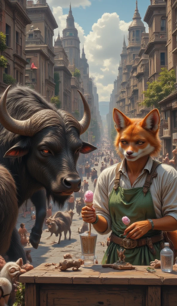 masterpiece, 8k, HDR, 3 D, best quality, photography, analog style, real life, extremely beautiful, (highly detailed, intricately detailed), an image In the heart of the vibrant city of Zootopia, of a red-furred fox in a green apron, Nick Wilde, trying to calm an enraged African buffalo named Bogo, chief of the Zootopia police force. "For the last time, Nick!" Bogo roared, "You can't sell ice cream on the street without a proper permit!" Nick, with his trademark sly grin, raised his hands in a gesture of innocence. "Come on, boss, I was just trying to make an honest living. Besides, these ice creams are for the s. You don't want to ruin their day, do you?"