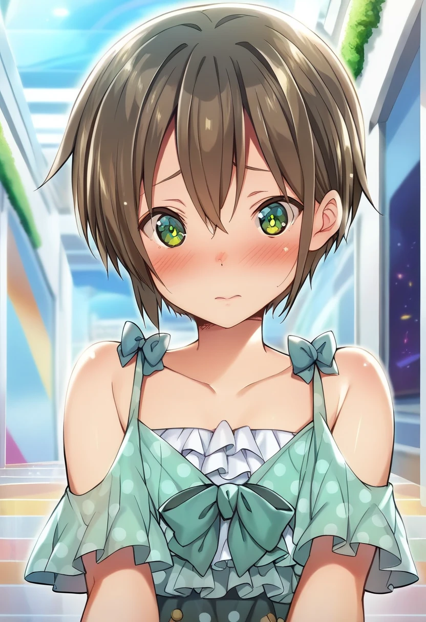 solo, 1boy, male, otoko_no_ko-kun, embarrased, blush, BREAK green dress, frills, bow, polka dot, bare shoulders, green skirt, BREAK outdoors, mall, colorful, looking at viewer, portrait, BREAK ((ultra-detailed)), ((best quality)), ((best quality)), ((beautiful eyes)), ((extremely detailed)), 4K, (8K), best quality, (beautiful), Master piece, highres, score_9, score_8_up, score_7_up, score_6_up, score_5_up, score_4_up, colorful, best quality, official art, highres, masterpiece, nai3, god light, detailed background, high quality background, 