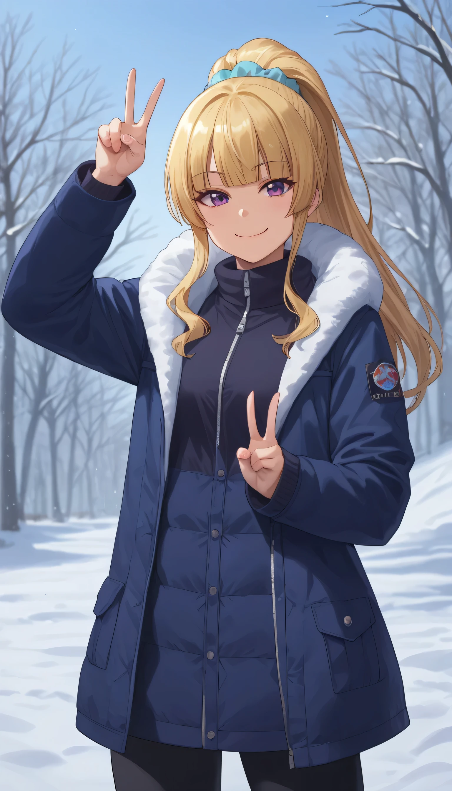 score_9,score_8_up,score_7_up, shiny skin, 1girl, KeiKaruizawa, Kei Karuizawa, bangs, blunt bangs, ponytail hair, violet eyes, blonde hair, blue scrunchie, jacket, winter jacket, snow, outdoor, playing with snow, cowboy shot, full body, red winter jacket, Christmas vibe, smile, closed mouth, peace, peace pose, side angle, looking at viewers 