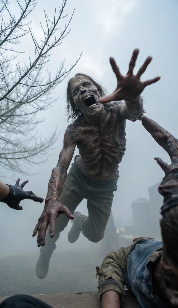  POV shot of a zombie attacking me from the air，The background is a blurred cloudy sky ，There are branches