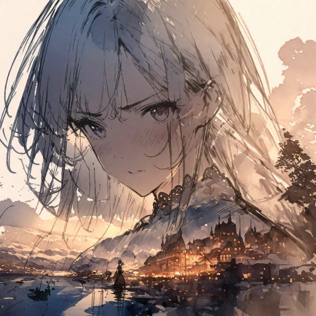 ((sketch:1.5)), ((watercolor:1)), Double Exposure of a Beautiful and Delicate Woman (The face is clear and perfect)image，Background、 perfect super detailed victorian landscape ,  beautiful,  beautiful笑顔, complicated illustration,  artwork concept artwork, break,(Don't respond to a bullish opponent with a bullish attitude),