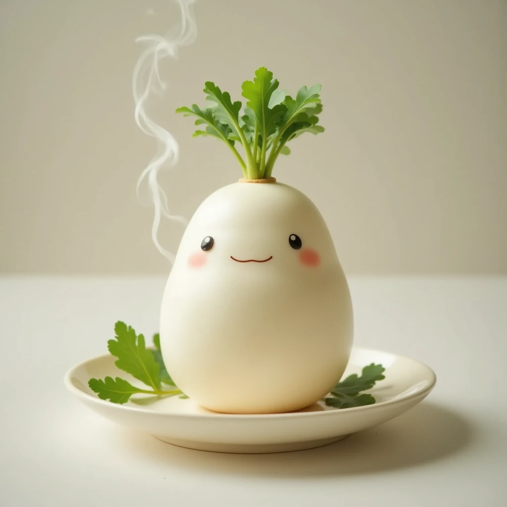 (masterpiece, top quality, very detailed depiction, Incredible Hi-Res,Photographic images),白い大根の形をしたmanju, looks delicious, steam , Green Leaves ,manju,It looks warm,It's on a plate