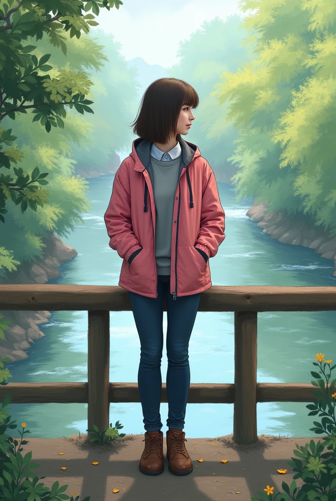 samoilovaflux, Standing on a bridge overlooking a river,1 girl, pink jacket, grey sweater, collared shirt, untucked shirt, pants, brown footwear,ask