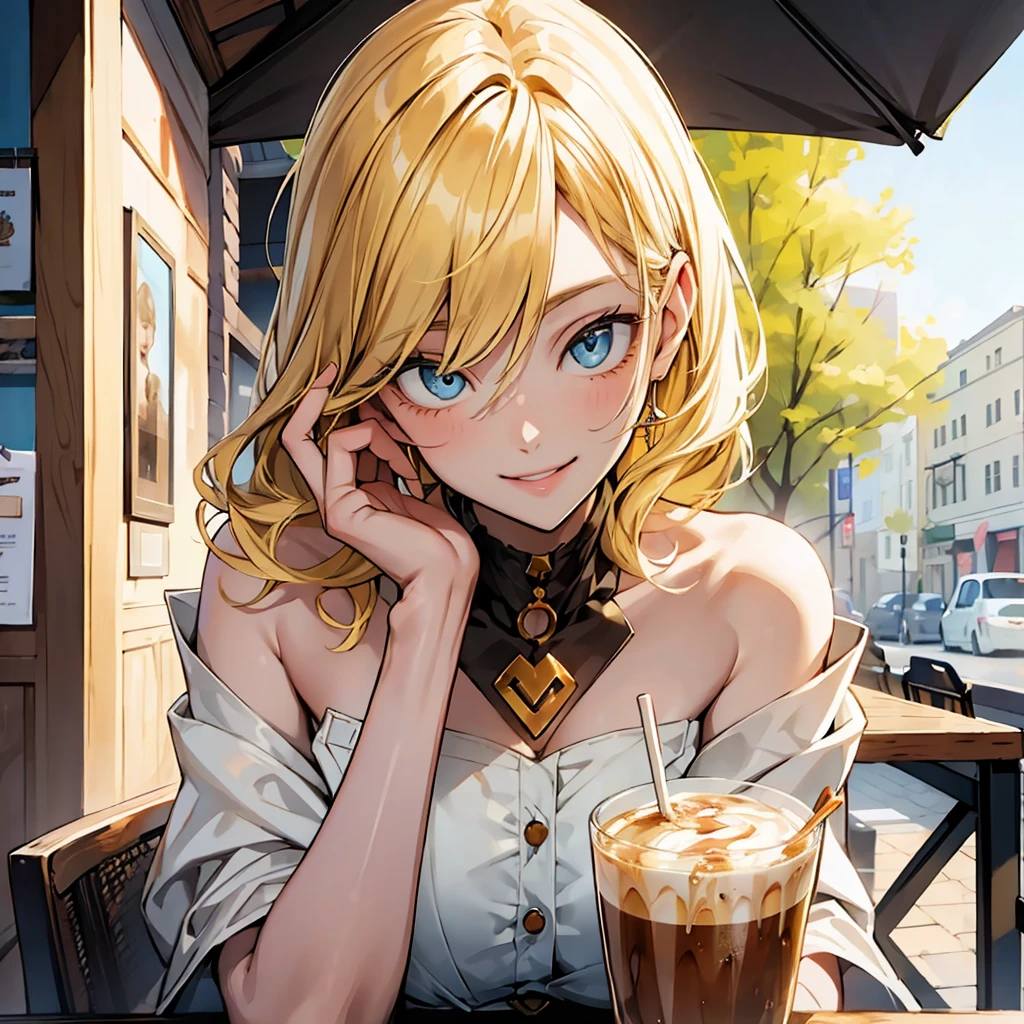 (One girl:1.5), (Small breasts :1.5), (Mordred \(destiny\):1.3), UFOTABLE STYLE, Anime Coloring, Anime screenshots,
((High resolution illustrations)), ((masterpiece)), ((Highest quality)), High detail, Many details,
(Textured skin:1.4), (Detailed yellow hair: 1.9), (Detailed green eye:1.4), short hair, Complex Hair, Hair between the eyes, Nice hands, Perfect hands, Perfect body, Focus Only, Fine eyebrows, pace, ponytail, Braiding, slim, Healthy Body, skinny,
Detailed lighting, Realistic colors, Bright colors, Sharp focus, Ray Tracing, Cinema Lighting, Bold line,
Black Military Boots, Jeans Shorts, (tube_superior:1.3),
sitting in a cafe, holding a coffee cup,
At the cafe, evening, city,
sexy, Intimate, erotic, Not art, No photos,
Romantic atmosphere, Romantic atmosphere,