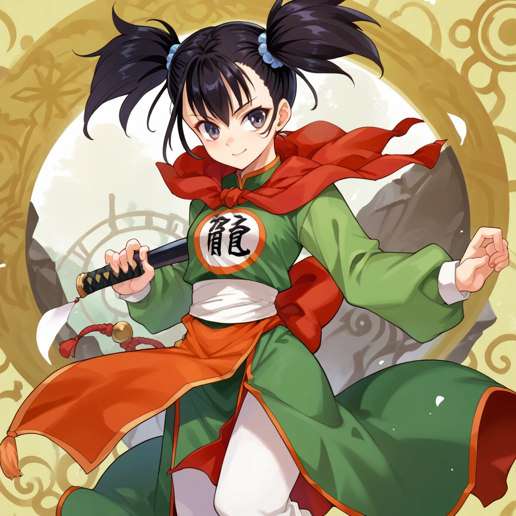 1girls,fighter(dq3),black hair,short twintails,
looking at viewer,chinese clothes,long sleeves, sash, pants, score_9,score_8_up,score_7_up,score_6_up,score_5_up,score_4_up,