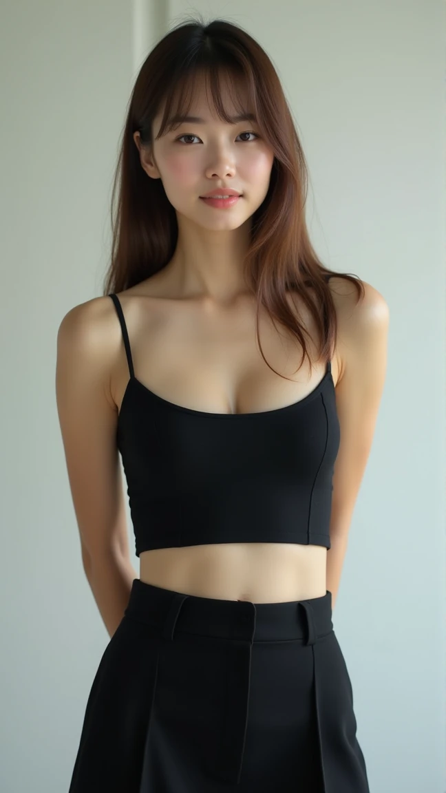 a close up of a woman in a black top and jeans, tight black tank top, training bra, Sports goodness, black top, is good at sports, she's wearing a black T-shirt, gorgeous young korean woman, Dense push-up bra, wear a low-cut tank top, korean girl, detailed Sports goodness, suitable girl, 8k, Realism