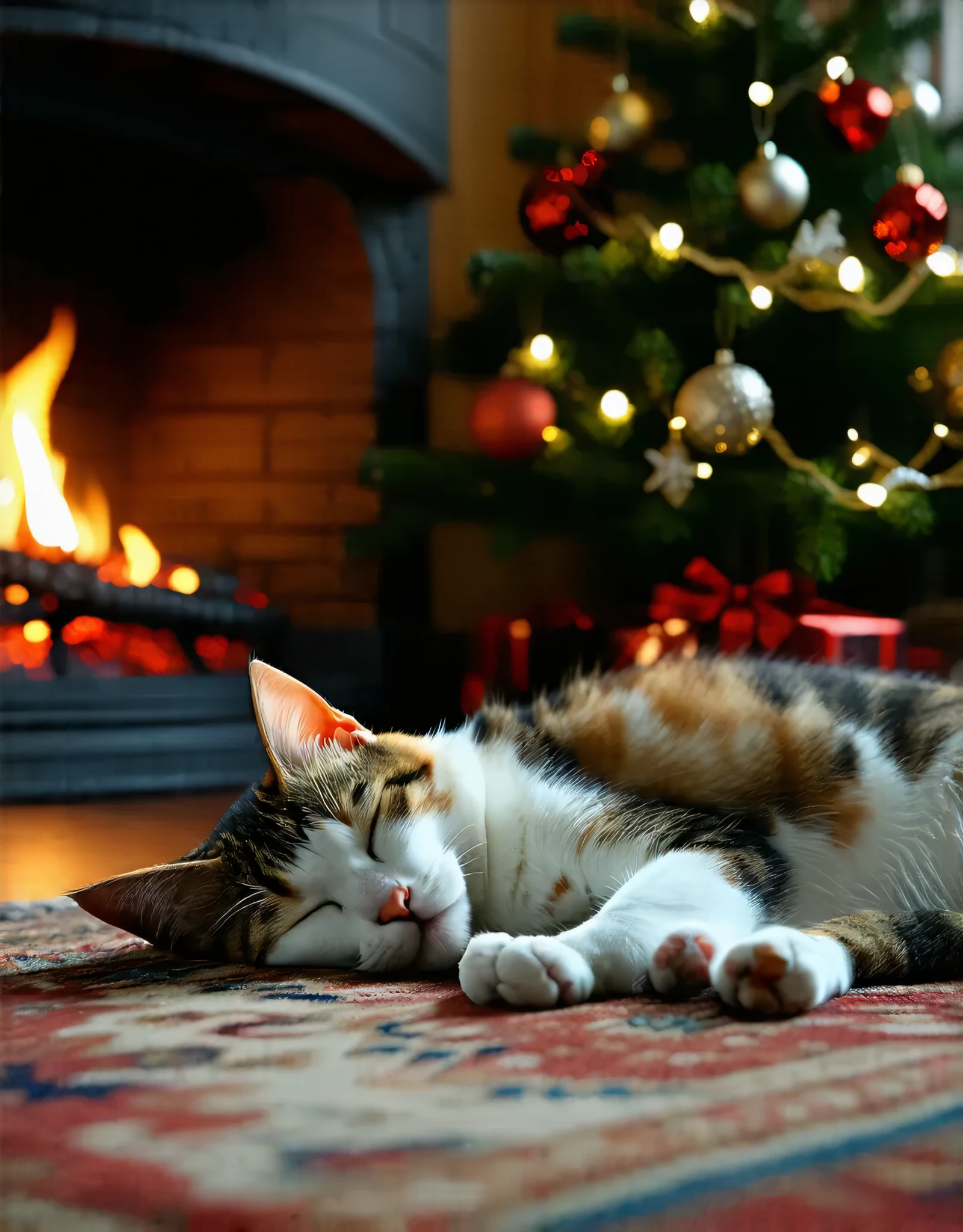 (8k, top quality, Masterpiece , Final Fantasy Style: 1.2),Atmospheric perspective, 8K, Very detailed, A living room decorated for Christmas, our calico cat sleeping peacefully in front of a large fireplace, a warm atmosphere, peace,