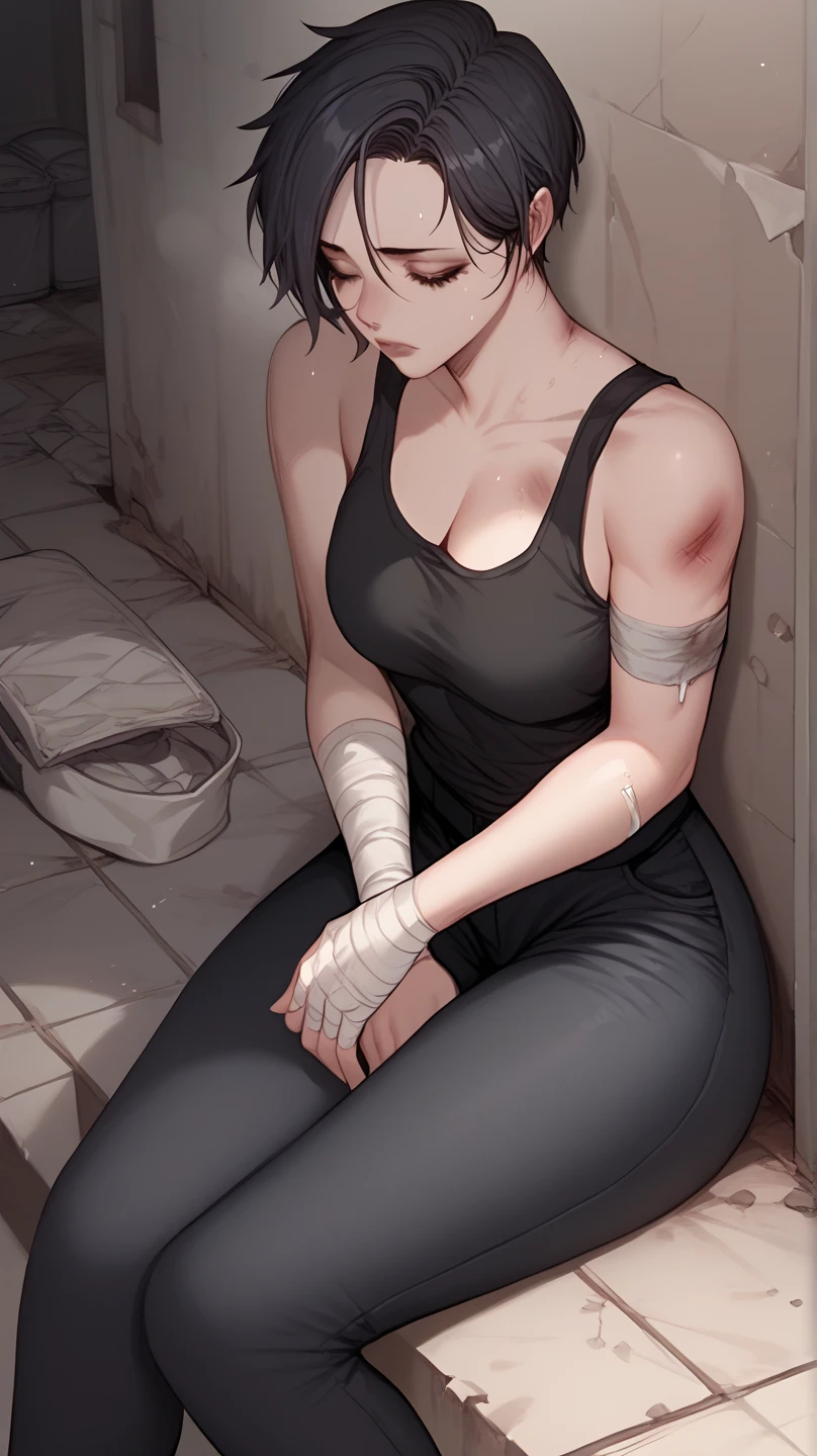 A mean looking female zombie hunter, wearing a black tank top and black cargo pants, black short hair, bandage on arm, bruises, sitting on the ground inside the abandoned building, looking tired. 
