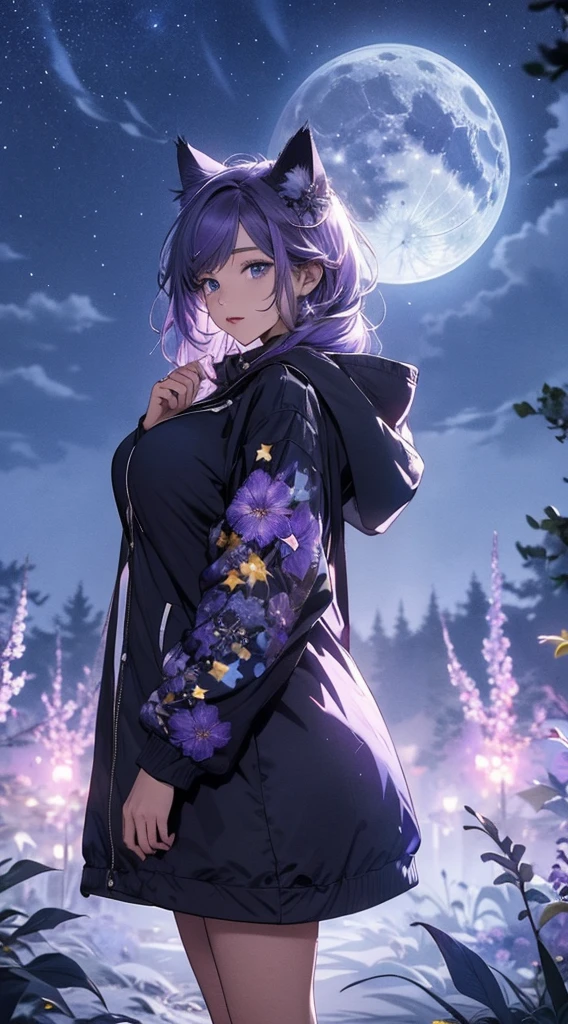 masterpiece, high quality, 4K, Beautiful design, silhouette，Light purple hair， 非常に詳細な夜のStarry Sky,Flower Field， wonderful, Finer details,  Very knowledgeable woman, Highly detailed solo, 1 female,Cat ear，Big Breasts，Hoodie with hood，Night view，Starry Sky，full moon，