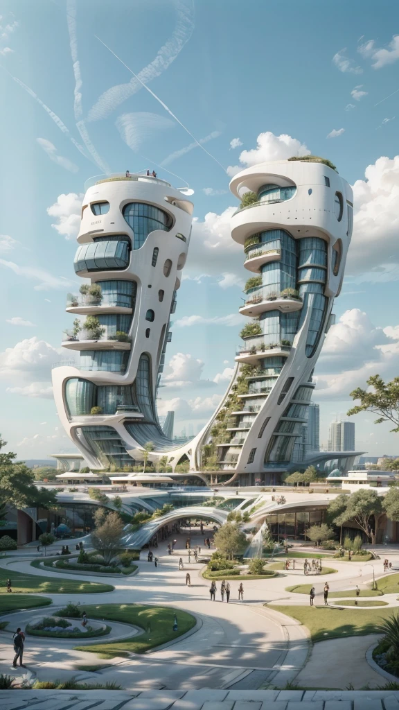  blue sky, Amazing Building by zaha hadid, tower high in blue sky, by syd mead, there is  park on the ground ,trees.  people walking, lawn, clear blue sky, realistic, walkways, people,  neat, photorealistic 