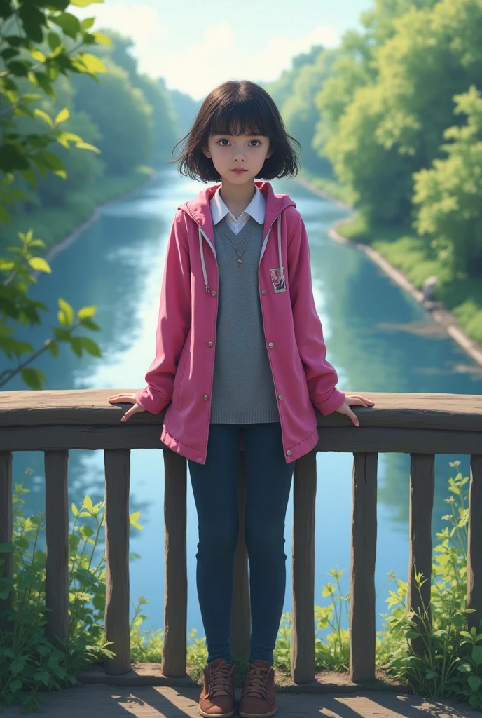 samoilovaflux, Standing on a bridge overlooking a river,1 girl, pink jacket, grey sweater, collared shirt, untucked shirt, pants, brown footwear,