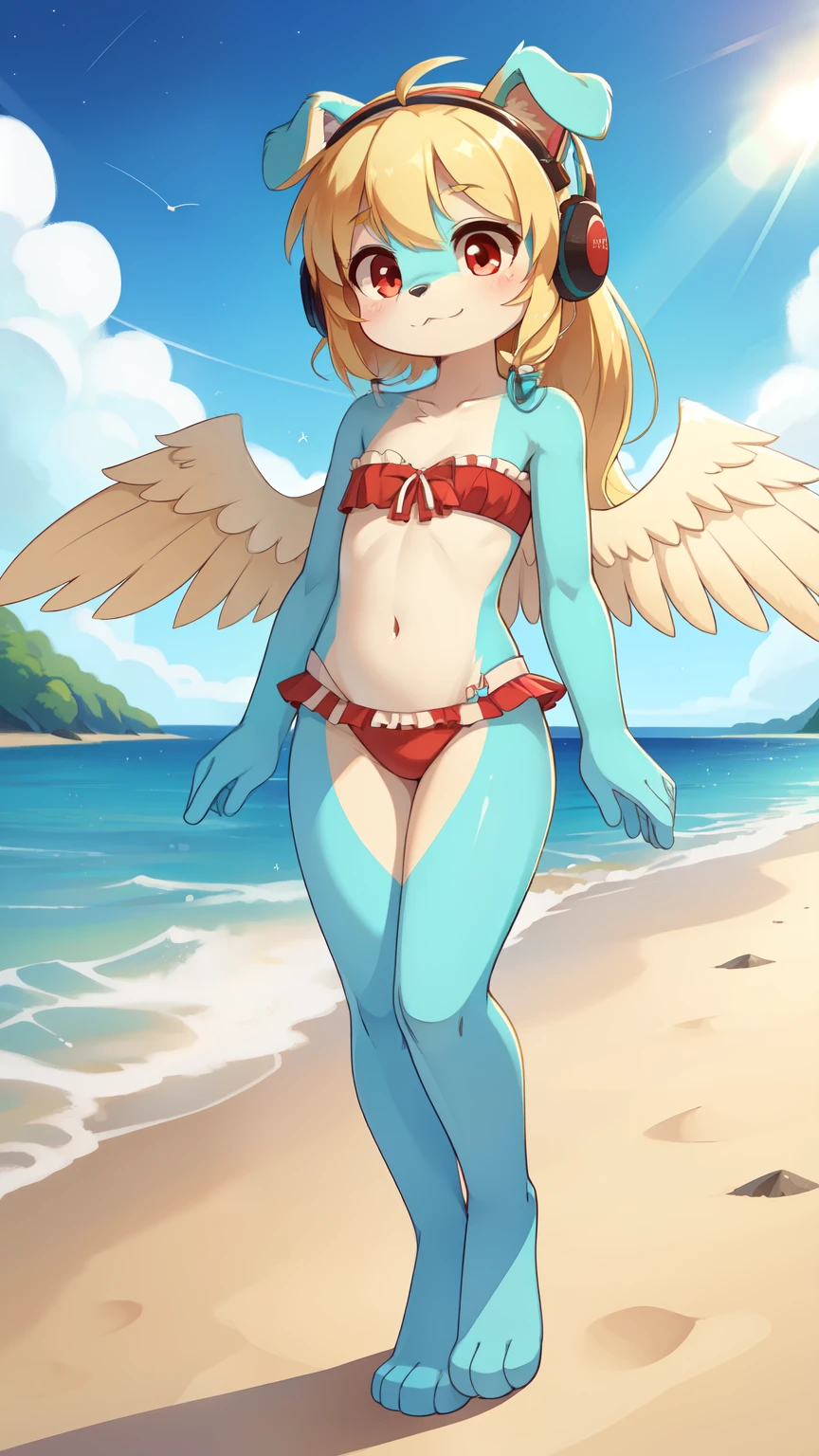 Score_9,score_8_up,score_7_up, source_cartoon, source_furry, Furry girl, dog, wavy bangs, long wavy ponytail, ((blonde hair)), red eyes, small breasts, detailed body fur, ((white headband with bow, white strapless fringed bandeau bikini, white fringed swim skirt)), ((blue feathered wings)), masterpiece, looking at you, ((two tone body fur, turquoise body fur, clear turquoise body fur)), detailed face, big eyebrows, detailed eyes, detailed body, detailed hands, glistering body, shiny body, skinny, :3, floppy dog ears, full body, feets with three toes, beach, clear sky, standing,