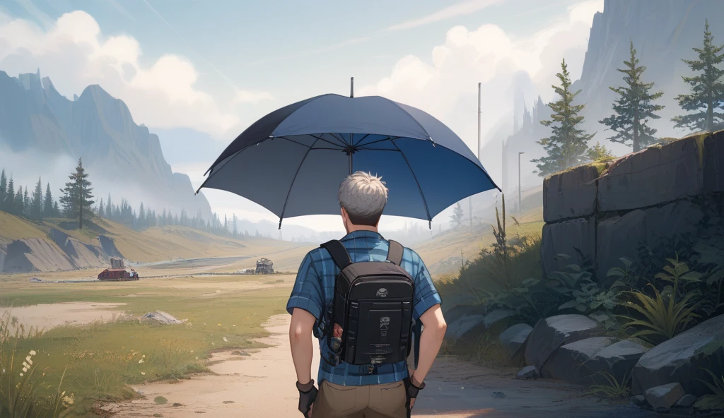 A surreal and emotional scene featuring a frail elderly man, standing at about 1.50 meters tall, with long gray hair. He wears a black padded vest over a rolled-up blue plaid shirt and carries a worn black backpack with a closed black umbrella in his hand. At his waist, a glass jar filled with plants is strapped securely, with a hose running from it to an improvised respirator covering his nose and mouth. The jar seems to be providing a fragile source of oxygen, as if the plants inside are releasing life-giving air through the tube. The man walks slowly toward the horizon in a desolate, barren landscape. The ground is cracked and dry, with no trees or vegetation, and the sky is overcast, casting a somber atmosphere. His slight, fragile build contrasts with the vast emptiness around him, adding to the feeling of solitude and vulnerability. His expression is calm and contemplative, symbolizing resilience despite the harsh environment. The horizon stretches endlessly, offering both a sense of hope and hopelessness as he moves forward. The muted color palette of grays, browns, and subtle blues enhances the melancholic mood. Captured in a 16:9 aspect ratio to emphasize the vast, empty landscape and the man’s small, determined presence in the face of it