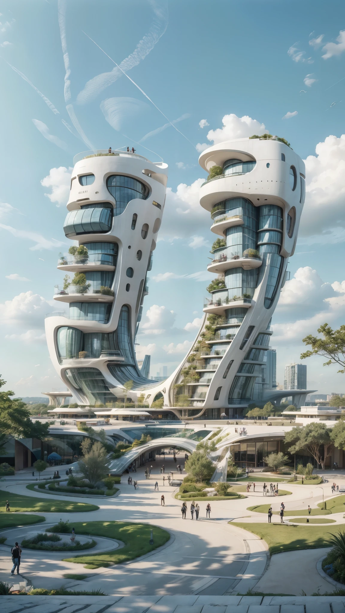  blue sky, Amazing Building by zaha hadid, tower high in blue sky, by syd mead, there is  park on the ground ,trees.  people walking, lawn, clear blue sky, realistic, walkways, people,  neat, photorealistic 